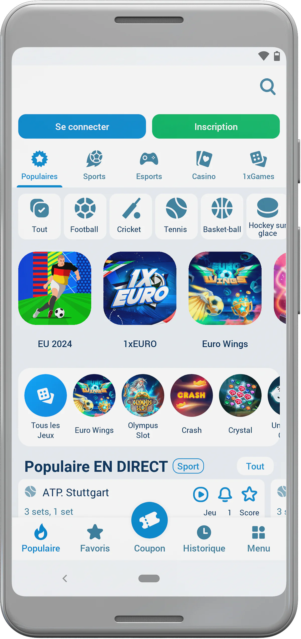 Sur la page d'accueil de l'application 1xBet, les joueurs de Côte d'Ivoire trouveront les sections les plus populaires, les bonus actuels et les derniers événements sportifs