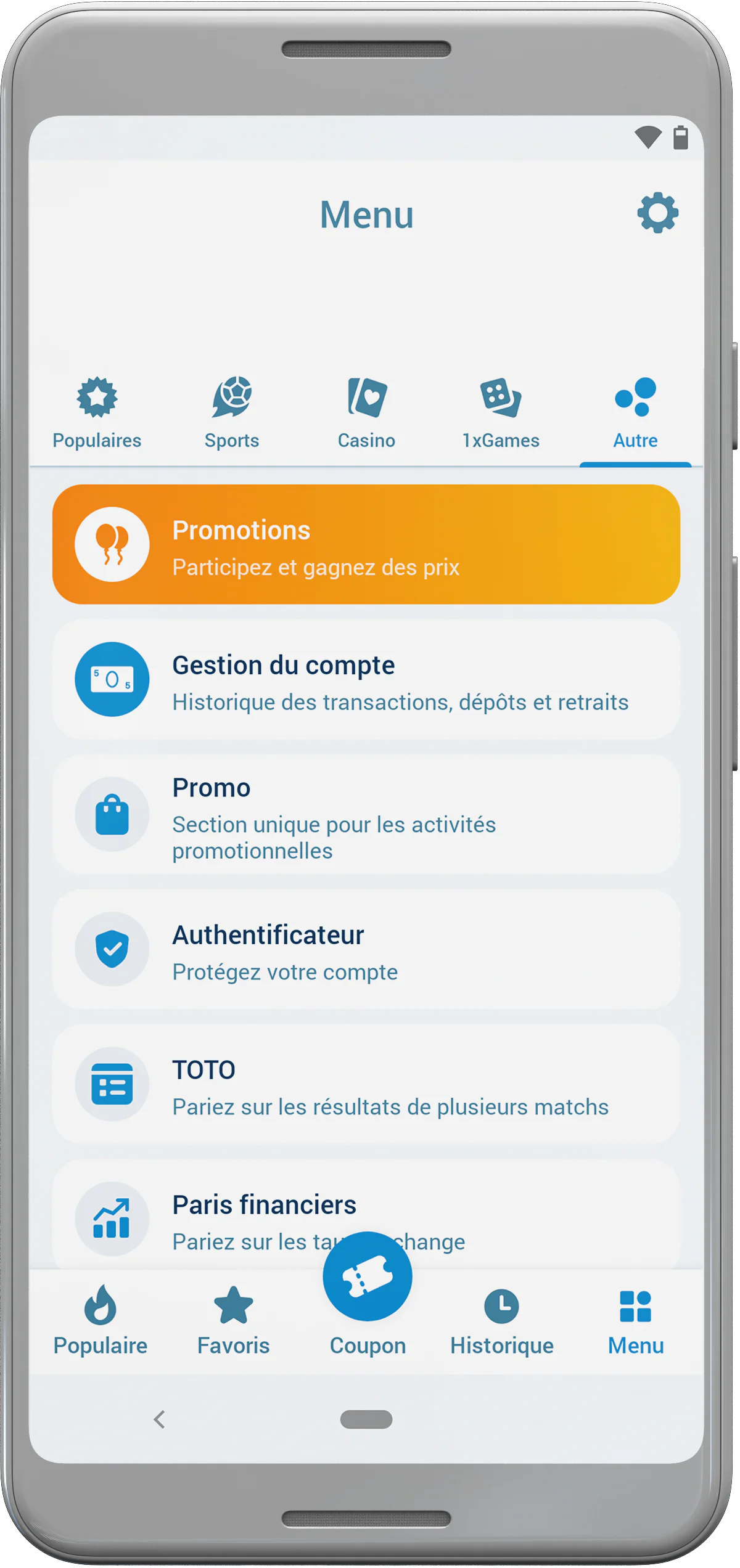 Dans la section Autres du menu principal de l'application 1xBet, les joueurs ivoiriens trouveront les promotions, la gestion de compte, les paris financiers et d'autres sections importantes