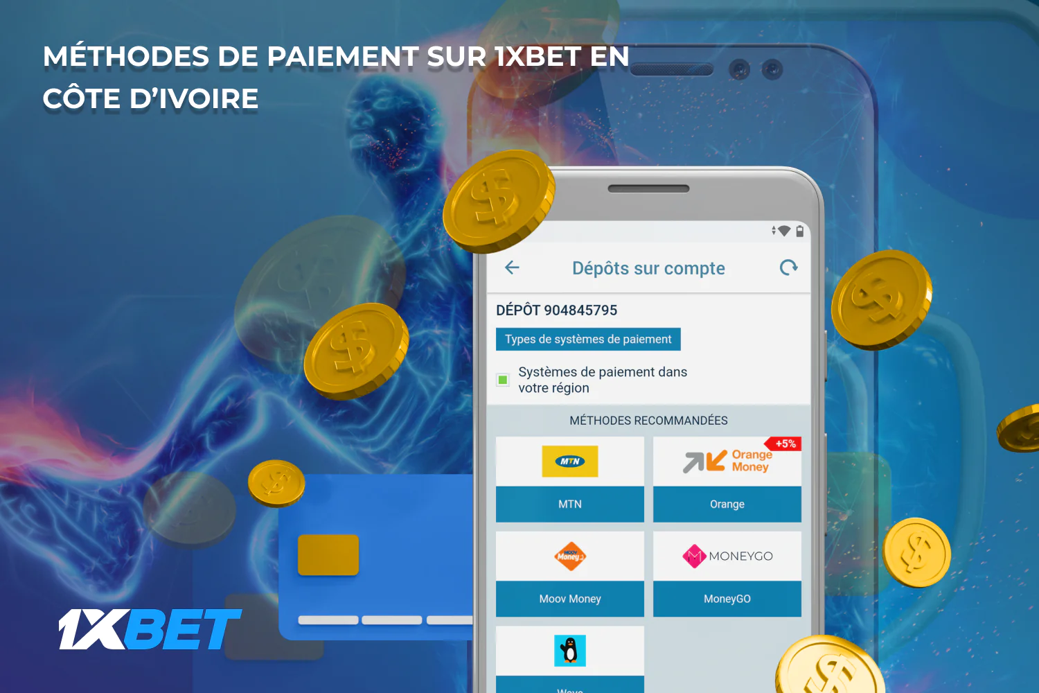 1xBet en Côte d'Ivoire propose différents systèmes de paiement pour les paris